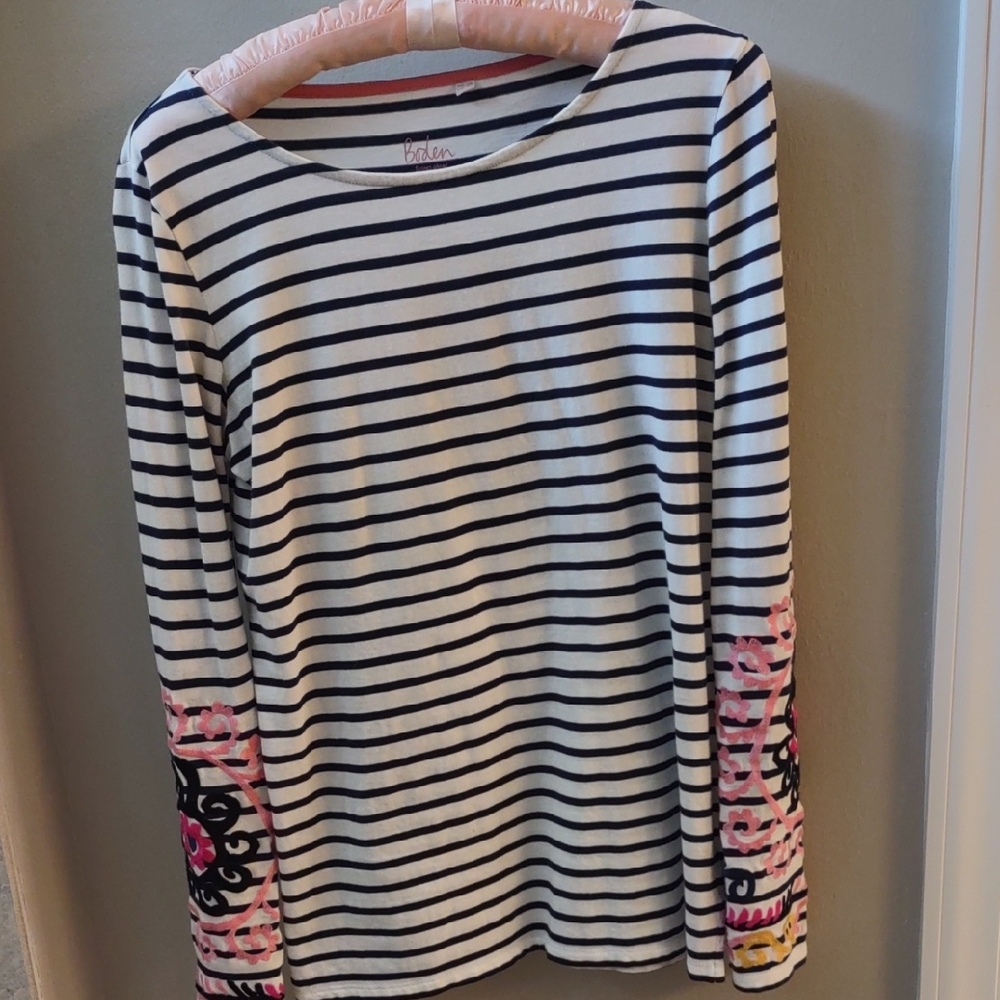 Striped Long Sleeve Top with Embroidered Sleeves